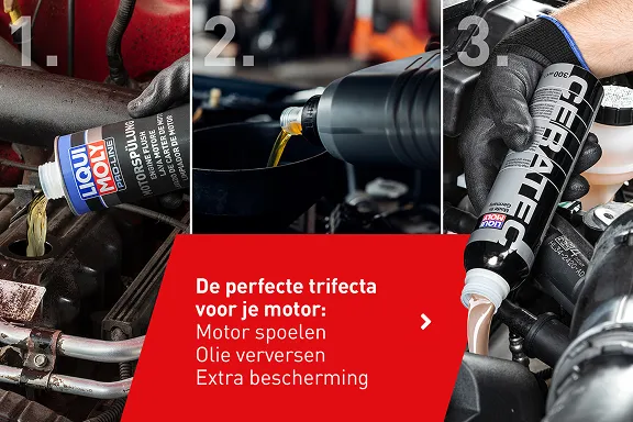 Ein dreigeteiltes Bild in dem 3 Liqui Moly Produkte Anwendung finden.